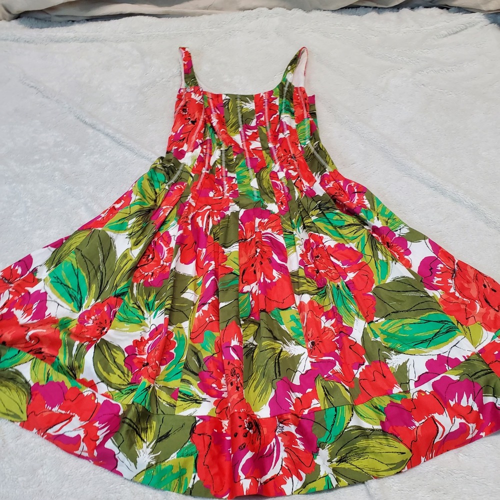 Jones New York Red Pink Green Floral Tropical Hawaiian Dressy Summer‎ Dress 6